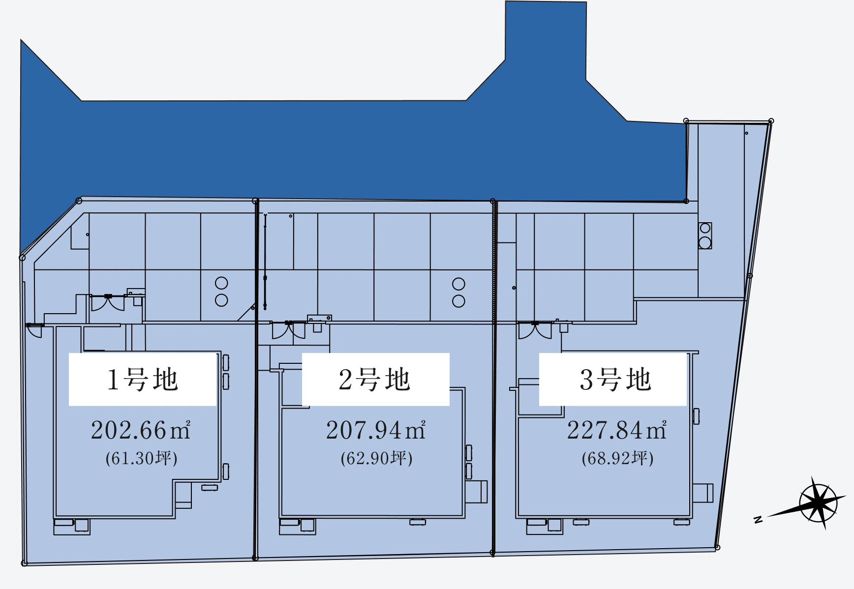 区画配置図。1号地 202.66㎡(61.30坪)／2号地 207.94㎡(62.90坪)／3号地 227.84㎡(68.92坪)